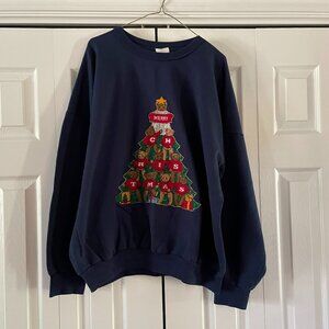 Ugly Christmas sweater 90s navy Blue bears Tree vintage sweatshirt XL - Unisex